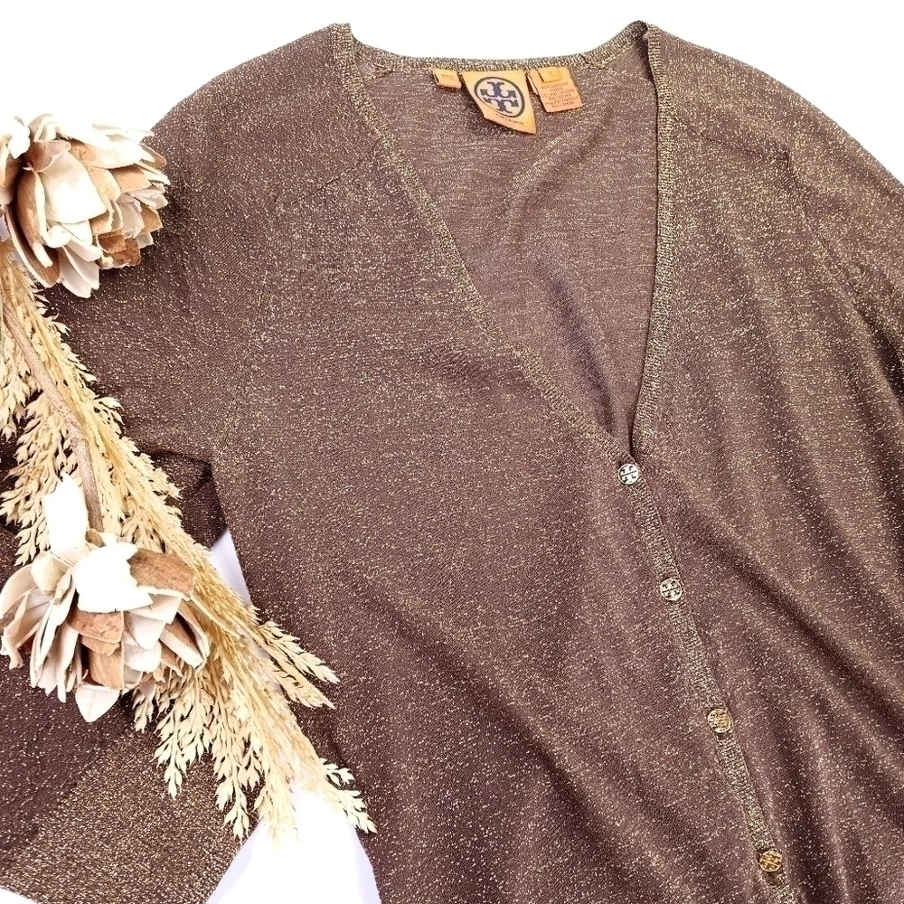 Tory Burch Brown Gold Shimmer Thin Sweater Sz S - Picture 3 of 13